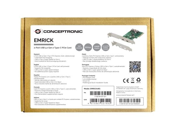 Conceptronic EMRICK08G, PlayStation Network, USB 3.2 Gen 2 (3.1 Gen 2), PCI 3.0, Grønn, PC, China