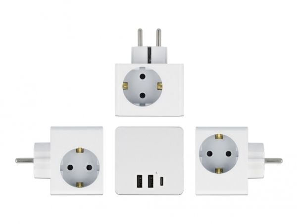Delock - Strömadapter - 16 A - 6 utdatakontakter (2 x 9-stifts USB typ A, USB-C, 3 st. CEE 7/3 effekt) - vit