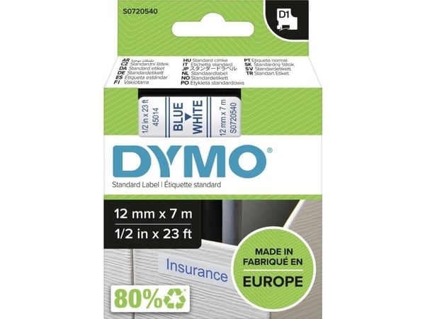 Teksttape Dymo D1, 12 mm, blå/hvid