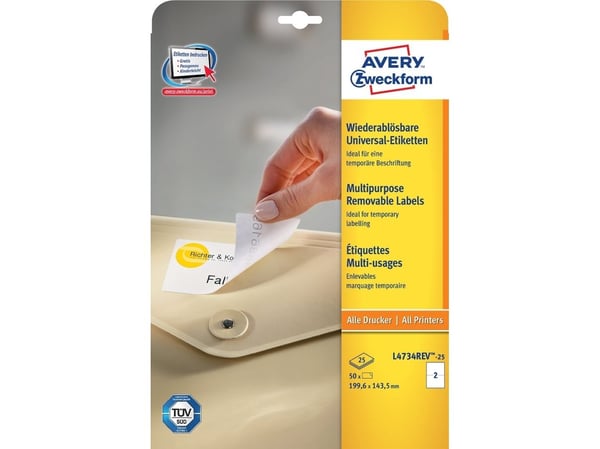 Avery L4734REV - Fjernbart adhesiv - hvit - 143.5 x 199.6 mm 50 stk (25 ark x 2) merkelapper
