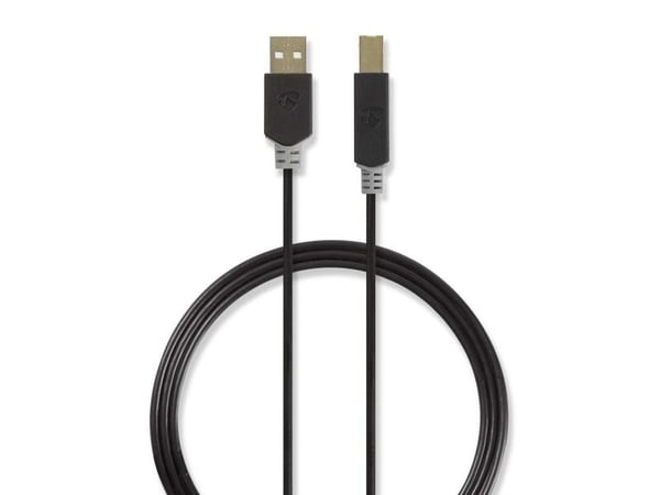 Nedis USB-kabel | USB 2.0 | USB-A hann | USB-B-kontakt | 480 Mbps | Forgylt | 2,00m | runde | pvc | Antrasitt | Emballasje med visningsvindu