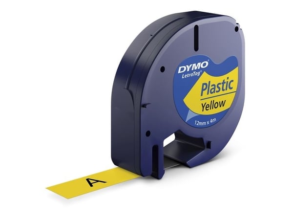 DYMO LetraTAG - Plastik - sort på gul - Rulle (1,2 cm x 4 m) 1 kassette(r) tape - for LetraTag LT-100H, LT-100T