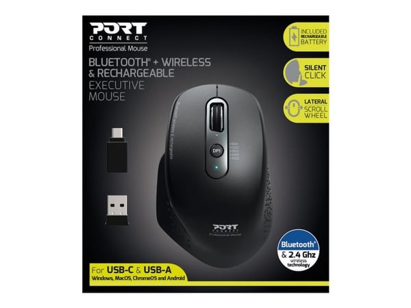 Port Designs 900716, Oikeakätinen, Optinen, RF Wireless + Bluetooth, 3200 DPI, Musta