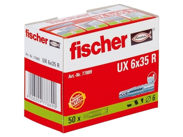 Fischer 77889, Veggplugg, Lettbetong, Murstein, Betong, Gipsfiberplate, Gipsplater, Nylon, 6 mm, 35 mm, 6 mm