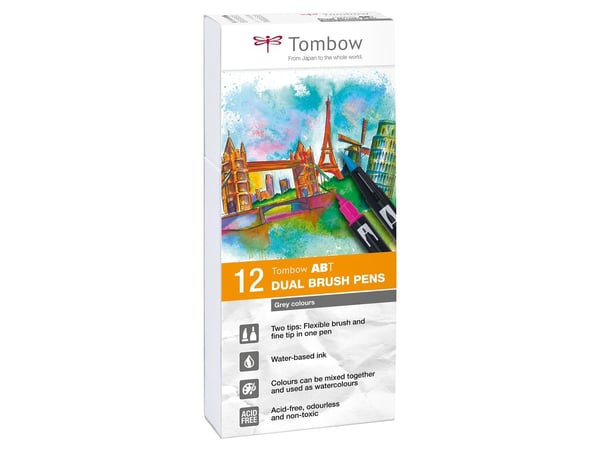 Tombow ABT-12P-3, Fint, 12 farger, Sort, Grå, Hvit, Flerfarget, Rund, Vann-basert blekk