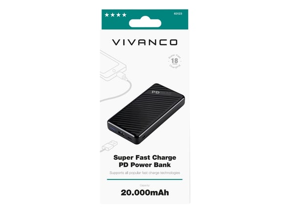Vivanco Super Fast Car Charge PD, 20000 mAh, Lithium-Ion (Li-Ion), Quick Charge 3.0, 3,7 V, Sort