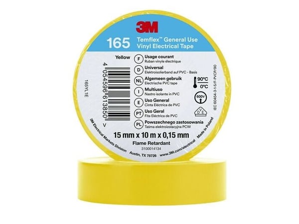 3M 165YL1E, 1 kpl, Keltainen, PVC-muovi, 600 V, Kupla, 10 m