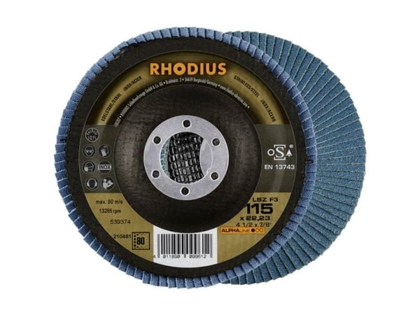 Rhodias 210663 LSZ F3 lamellslipeskive 115 mm, boringsdiameter 22,23 mm, kornstørrelse 80, rustfritt stål (1 stk.)