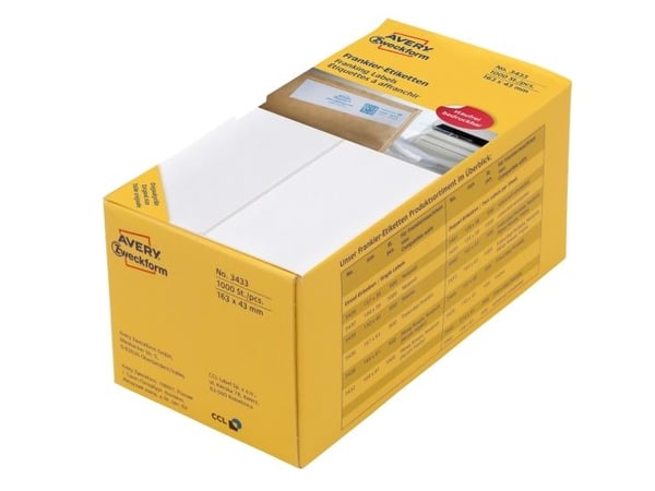 Avery Zweckform 3433 - Permanent selvklebende - hvit - 163 x 43 mm 1000 etikett(er) (500 ark x 2 permanente frankeringsetiketter)