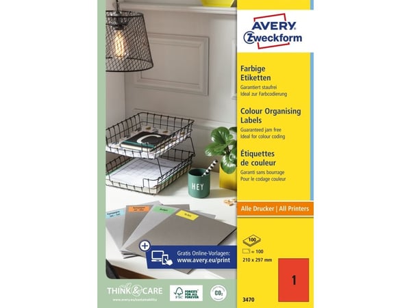Avery - Rød - A4 (210 x 297 mm) 100 stk (100 ark x 1) merkelapper