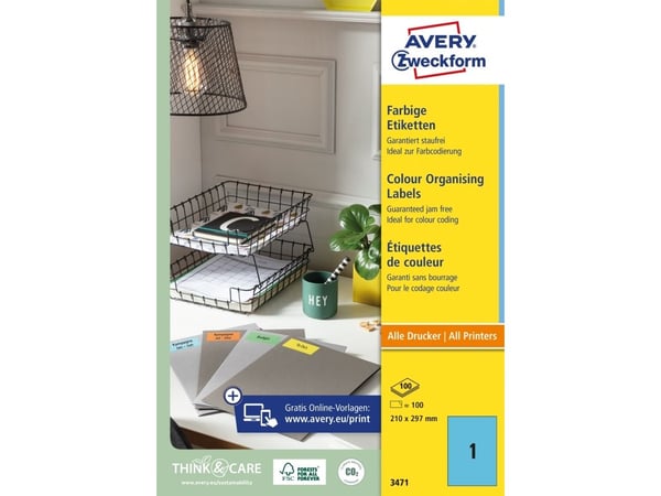 Avery - Blå - A4 (210 x 297 mm) 100 stk (100 ark x 1) merkelapper
