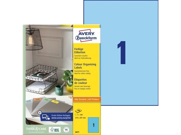 Avery - Blå - A4 (210 x 297 mm) 100 stk (100 ark x 1) merkelapper