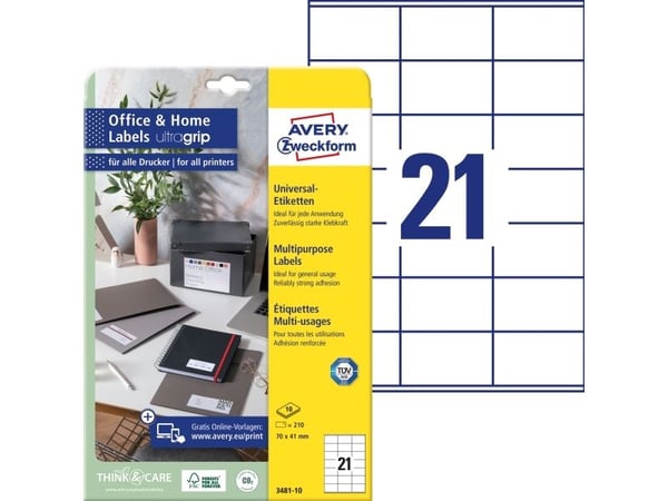 Avery 3481-10, Hvit, Selvklebende skriveretikett, A4, Papir, Laser/Blekkskriver, Permanent