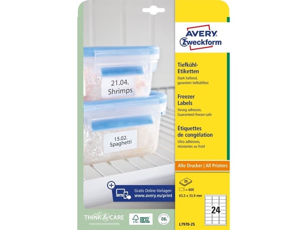 Avery L7970-25, Hvit, Avrundet rektangel, 63.5 x 33.9 mm, A4, Papir, Universell