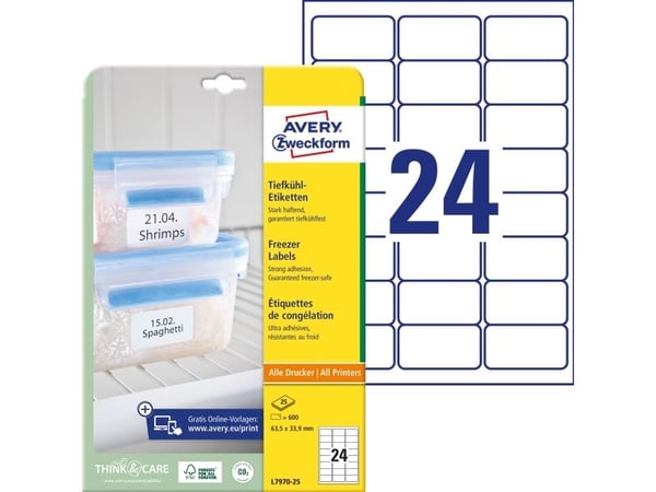 Avery L7970-25, Hvit, Avrundet rektangel, 63.5 x 33.9 mm, A4, Papir, Universell