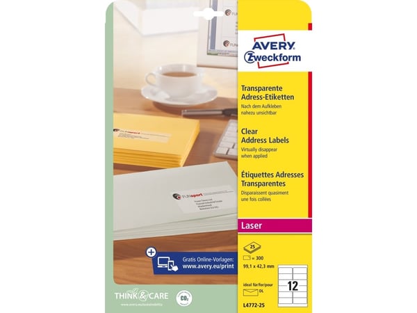 Avery L4772 - 42.3 x 99.1 mm 300 stk (25 ark x 12) transparente adresseetiketter
