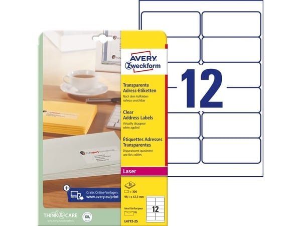 Avery L4772 - 42.3 x 99.1 mm 300 stk (25 ark x 12) transparente adresseetiketter