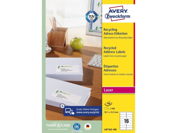 Avery QuickPEEL, Valkoinen, A4, 99,1 mm, 33,9 mm, 1600 kpl, 100 arkkia