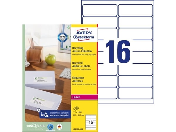 Avery QuickPEEL, Valkoinen, A4, 99,1 mm, 33,9 mm, 1600 kpl, 100 arkkia