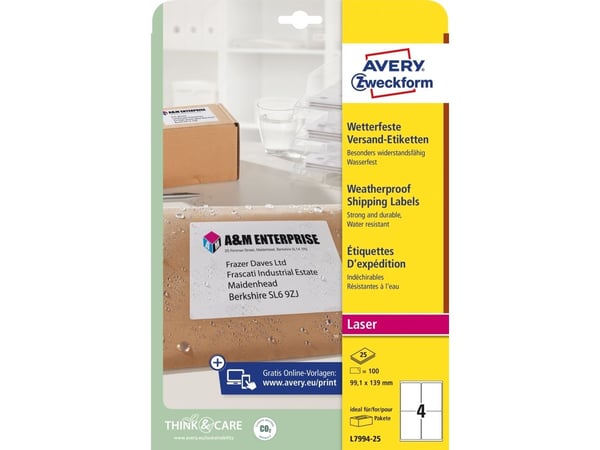 Avery Zweckform L7994 - Permanet adhesiv - hvit - 99.1 x 139 mm 100 etikett(er) (25 ark x 4) forsendelsesetiketter