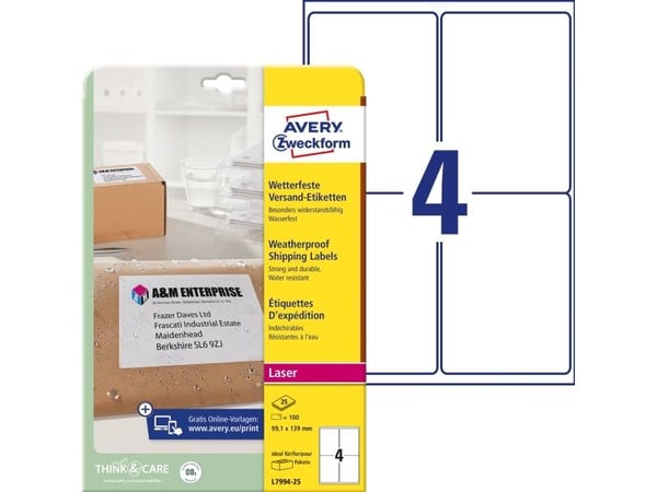 Avery Weatherproof Shipping Labels, Valkoinen, A4, 25 arkkia, 99,1 mm, 139 mm, 100 kpl