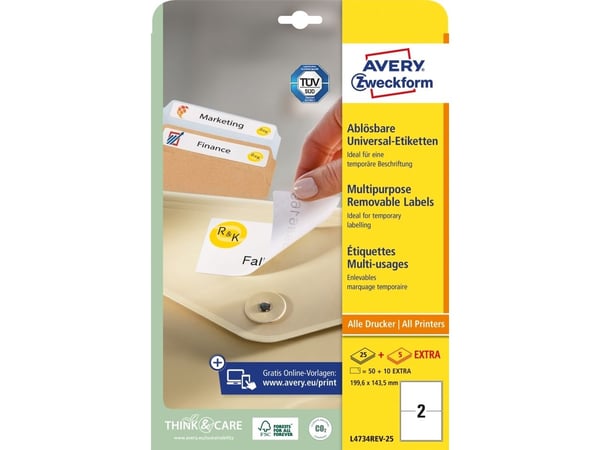 Avery L4734REV - Fjernbart adhesiv - hvit - 143.5 x 199.6 mm 50 stk (25 ark x 2) merkelapper