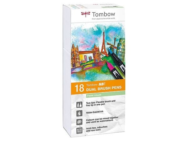 Tombow ABT-18P-5, Fint, 18 farger, Kulespiss og penselpenn, Flerfarget, Rund, Vann-basert blekk