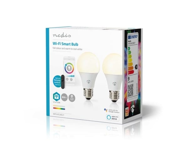Nedis SmartLife - LED-lyspære - E27 - 9 W (ekvivalent 60 W) - klasse F - RGB/varmt til kjølig hvitt lys - 2700-6500 K - hvit (en pakke 2)