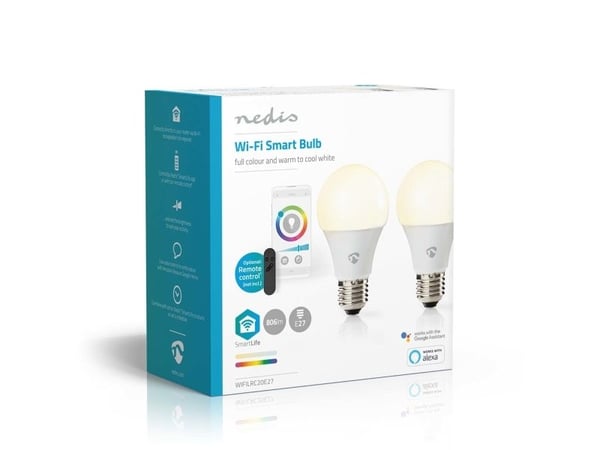 Nedis SmartLife - LED-lyspære - E27 - 9 W (ekvivalent 60 W) - klasse F - RGB/varmt til kjølig hvitt lys - 2700-6500 K - hvit (en pakke 2)