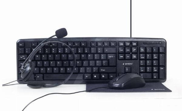 Gembird KBS-UO4-01 - 4-in-1 office kit - sett med tastatur, mus, hodetelefon og musepute - USB - QWERTY - USA - fargeboks
