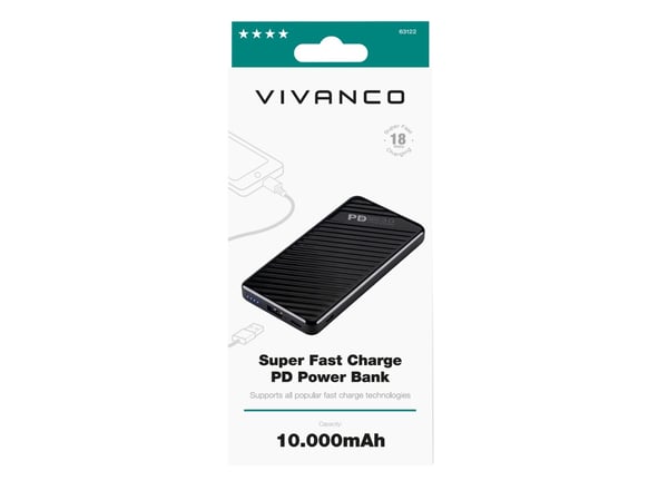 Vivanco Super Fast Car Charge PD, 10000 mAh, Lithium-Ion (Li-Ion), 3,7 V, Sort