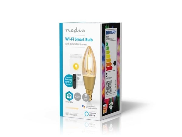 Nedis SmartLife - LED-filamentlyspære - form: stearinlys - E14 - 4.9 W (ekvivalent 40 W) - klasse F - varmt hvitt lys - 1800-3000 K - gyllen
