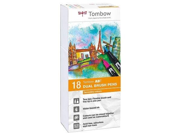 Tombow ABT-18P-2, Fint, 18 farger, Kulespiss og penselpenn, Flerfarget, Rund, Vann-basert blekk
