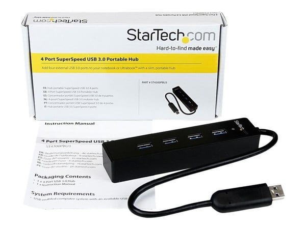 Startech 4-Port USB 3.0 Hub with Built-in Cable - SuperSpeed Laptop USB Hub - Portable USB Splitter - Mini USB Hub (ST4300PBU3) - Hub - 4 x SuperSp...