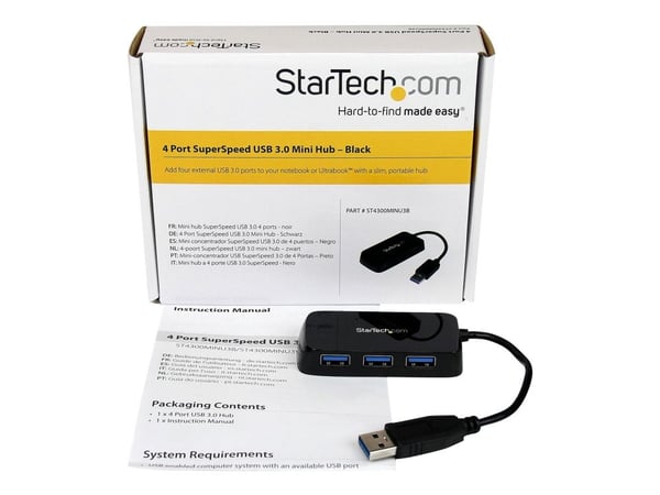 Startech 4-Port USB 3.0 SuperSpeed Hub - Portable Mini Multiport USB Travel Dock - USB Extender Black for Business PC/Mac, laptops (ST4300MINU3B) -...