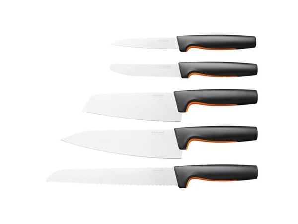 Fiskars 1057558, Knivuppsättning, Rostfritt stål, Rostfritt stål, Svart, Ergonomisk, Mjukt grepp, Finland