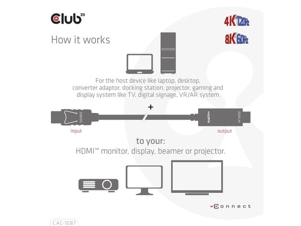 Club 3D - Adapterkabel - DisplayPort hann til HDMI hann - 3 m - 4K 120 Hz støtte, 8K 60Hz støtte, støtter Dynamisk HDR10