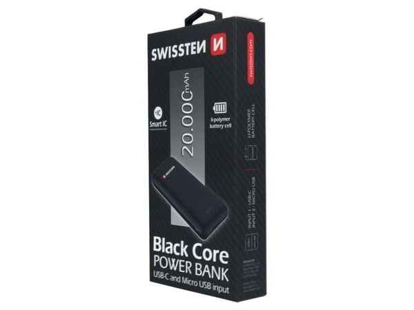 Swissten 22013928, Svart, Universell, Lithium Polymer (LiPo), 20000 mAh, USB, Micro-USB
