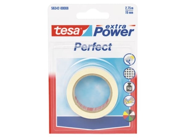 TESA extra Power Perfect, 2,75 m, Valkoinen, Kangas, Pahvi, Paperi, 19 mm, Kupla