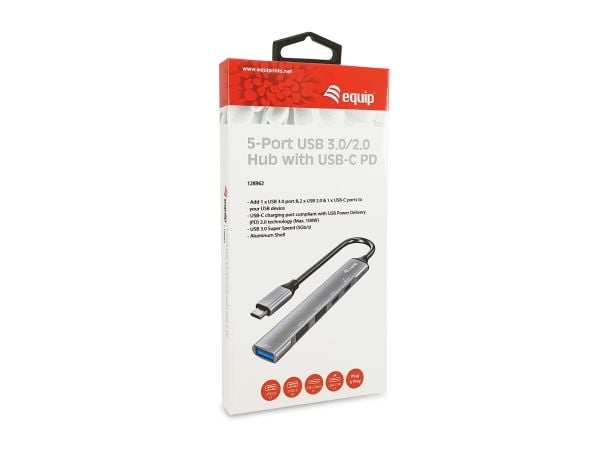 Equip 128962, USB 3.2 Gen 1 (3.1 Gen 1) Type-C, USB 2.0, USB 3.2 Gen 1 (3.1 Gen 1) Type-A, USB 3.2 Gen 1 (3.1 Gen 1) Type-C, 5000 Mbit/s, Sølv, Alu...