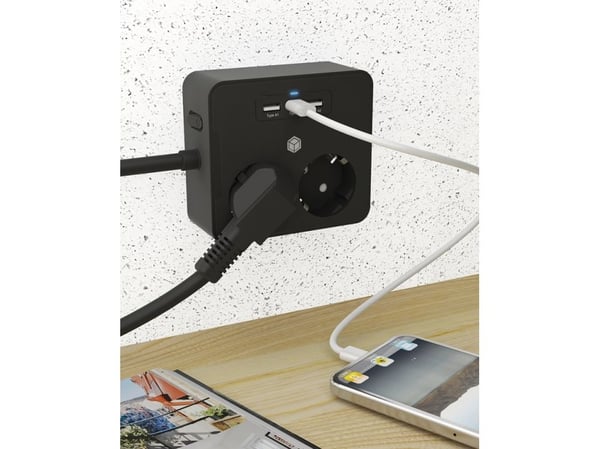 ICY BOX IB-MPS2220B-CH - Effektband - for desk or wall mounting, with USB charger - AC 230 V - ingång: power CEE 7/7 - utgångskontakter: 2 (2 x USB...