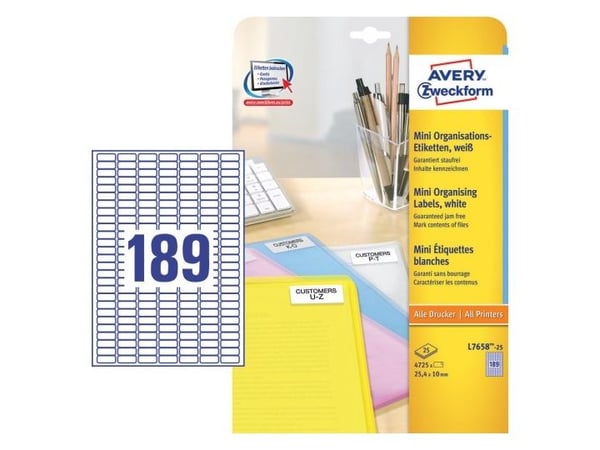 Avery Zweckform L7658 - Permanet adhesiv - hvit - 25.4 x 10 mm 4725 etikett(er) (25 ark x 189) merkelapper