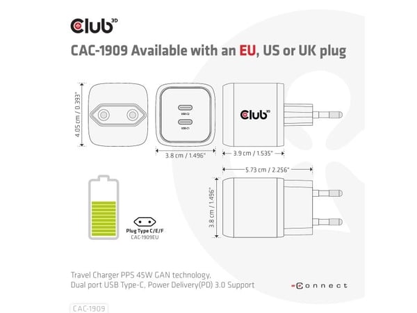CLUB3D CAC-1909EU, Sisätila, AC, 20 V, Musta