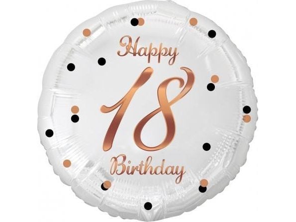 GoDan Happy 18 Birthday folieballong, hvit, rosa/gull trykk, 18" (GODA2484) - 5902973147933