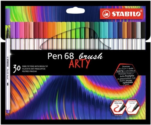 STABILO Pen 68 brush ARTY, 30 färger, Blandade färger, Penspets, Fiber, Blandade färger, Hexagonal