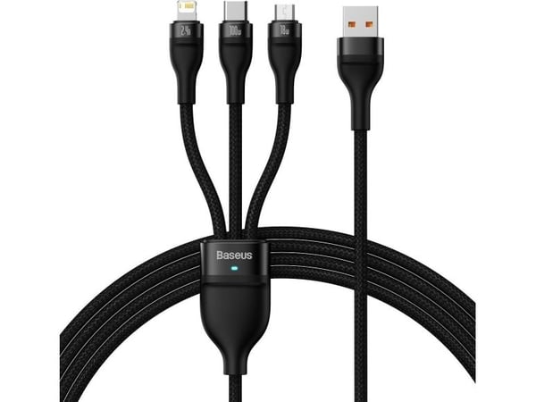 Baseus Flash Series USB 3-i-1: USB-C + micro USB + Lightning, 100 W, 1,2 m (svart)