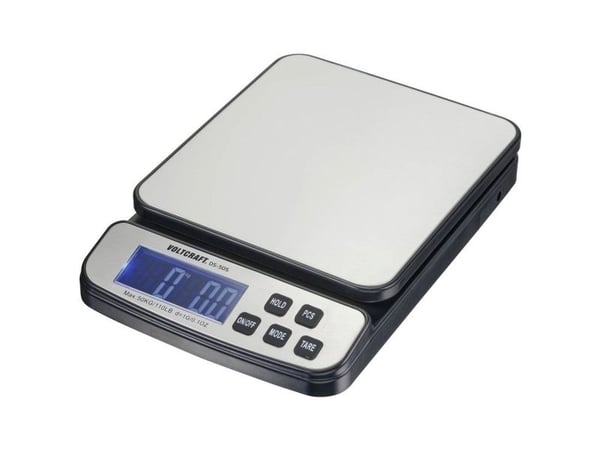 VOLTCRAFT DS-50S Penkkivaaka Punnitusalue: 50kg Lukematarkkuus: 1g Paristokäyttöinen, lisävarusteena saatavalla virtalähteellä Hopea