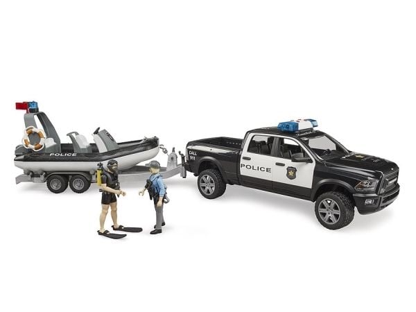 Bruder Dodge Ram 2500 Police pickup truck, trailer, boat, 2 figures with Light and Sound toy