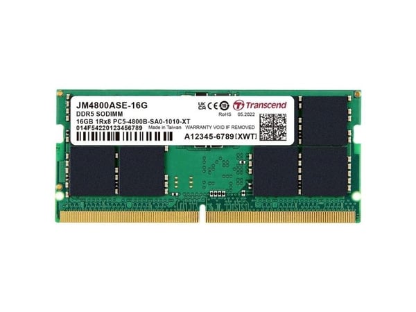 Transcend JetRAM - DDR5 - modul - 16 GB - SO DIMM 262-pin - 4800 MHz / PC5-38400 - 1.1 V - ikke-bufret - on-die ECC