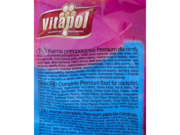 Vitapol ZVP-0222, Frön, 1 kg, Nymfparakit, Parakit, Parrot, Vitamin A, Vitamin C, Vitamin D3, Vitamin E, Kalcium, Phosphorus, 1 kg